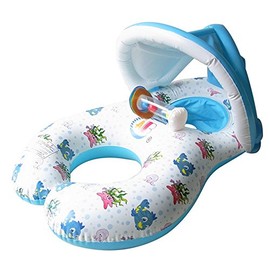 HONGCI Mother & Baby Newborn Swimming Float with Inflatable Sunshade Canopy, Swimming Ring, Swimming Pool Float Toy (Double Seat Boat for 6-36 Months Baby) - White