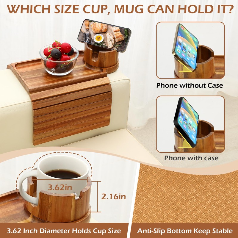 GHKINMAL Couch Cup Holder Tray, Acacia Wood Couch Armrest Table