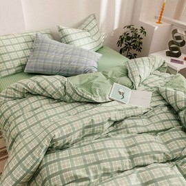AShanlan Bed Linen, Green Checked, 140 x 200 cm, Microfibre Green / White Check Pattern Duvet Cover, Modern Reversible Bedding Set with Pillowcase 70 x 90 cm and Zip