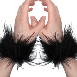 Yeesabella 2 PCS Soft Fur Wristband Feather Slap Bracelet Wristband Wrist Ankle Cuff Furry Bracelets Party Supplies Hair Accessories for Women,Black