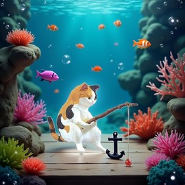 Cat Fishing Figurine, Cute Cat Statue Decor, Resin Mini Fish Tank Decorations Craft Sculpture for Aquarium Tanks Desk Yard Pond Indoor Outdoor, Decorations