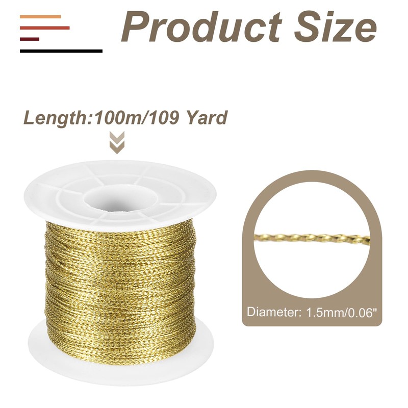 sourcing map Metallic Cord,1mmx100m Light Gold Ornaments Strings Metallic Non