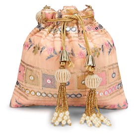 LONGING TO BUY Indian Embroidered Pearl Potli Bag For Women, Sequence Design with Tassel, Wedding Potli Bags, Peach- Sequence