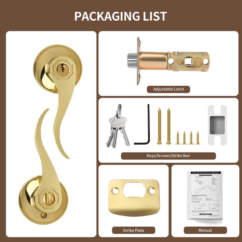 Moquin Wavy Style Gold Door Handle with Lock and Key,