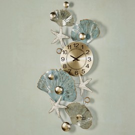 Seafan and Starfish Coastal Metal Wall Art Clock | Hand-Finished and Hand-Dyed with Alcohol Ink | Shimmering Metallic Gold and Silver Leaf | Center Quartz Movement Wall Clock with Ocean Themed Collage