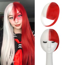 Cephermer Clip in Bangs, Synthetic French Bangs Hair Clip, Fake Bangs Fringe with Temples Hairpieces for Women Natural Curved Bangs Clip in Hair Extensions for Daily Wear White mix Red