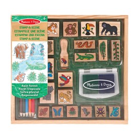 Melissa & Doug Set de Sellos Estampa-una-Escena: Bosque Lluvioso (20 Sellos de Madera, 5 Lápices de Color, y Almohadilla de 2 Colores)