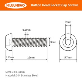 M3-Tornillos de cabeza de botón de 0.5 x 10 mm, acero inoxidable 304, totalmente roscado a máquina, accionamiento hexagonal Allen métrico, acabado brillante, 100 unidades