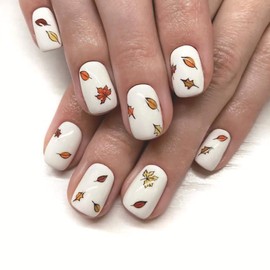 RIICFDD Fall Press on Nails Short Fake Nails Coffin False Nails Maple Leaf Glue on Nails Fallen Leaf Stick on Nails Full Cover Reusable Acrylic Nails for Women Girls Thanksgiving Nails 24 Pcs