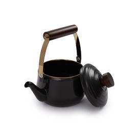 Barebones Enamel Teapot - Vintage Inspired Design - Baked Stainless Steel Rim - FSC Certified Natural Walnut Tea Kettle - 1.5 Liters, 6 Cups (Charcoal)