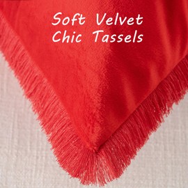 FUTEI Red Boho Throw Pillow Covers with Tassels 22x22 Inch Set of 2,Soft Velvet Decorative Cushion Case,Home Decor for Couch Bed Living Room