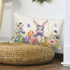 Easternproject Happy Easter Pillow Covers 12x20 Inch Purple Rabbit Bunny Butterfly Egg Floral Leaves Spring Farmhouse Decoration Throw Waist Pillow Cases Cotton Linen Cushion Cover for Sofa Couch