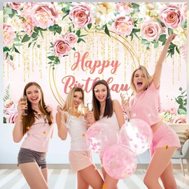 Sensfun Pink Floral Birthday Backdrop for Women Glitters Gold Birthday Decorations Blush Rose Flowers Photography Background for Girls Princess Happy Bday Party Banner Supplies Photo Booth Props 7x5ft
