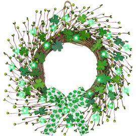 Thick & Timer - St Patricks Day Decorations,18 Inch St Patricks Day Shamrocks Wreath for Front Door, 20 Green Lights Clover Berries Spring Wreath Battery Operated St. Patrick's Day Door Decorations