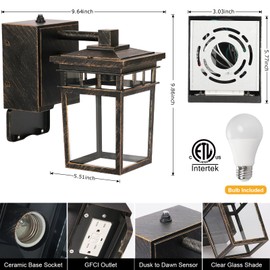 Outdoor Wall Lantern with GFCI Outlet, Dusk to Dawn Outdoor Lighting with Clear Glass Shade, Waterproof Outside Porch Lights for House Garage Front Door, Bulb Included (Black with Brushed Gold)