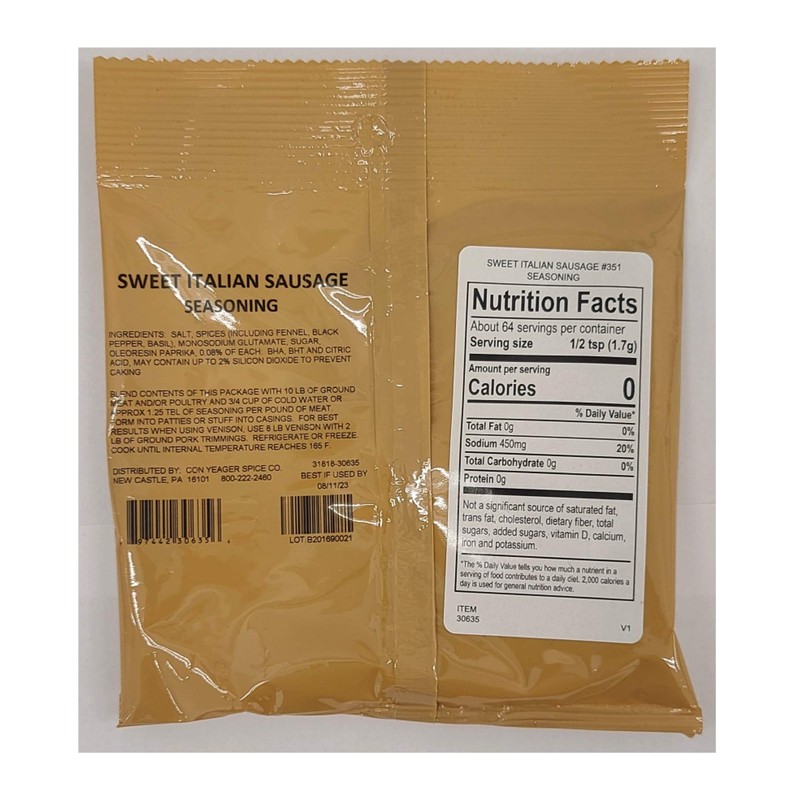 Con Yeager Spices Sweet Italian Sausage 351 Seasoning 3.9oz #30635