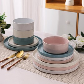 AmorArc Ceramic Dinnerware Set for 4 | Speckled Stoneware Plates and Bowls with unglazed terracotta | Scratch Resistant, Dishwasher & Microwave Safe Dishes Sets- 12-Pcs Colorful