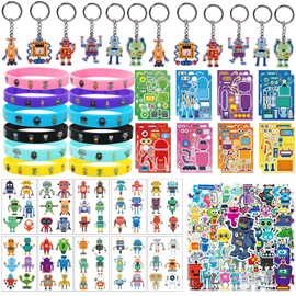 100 Pcs Robot Party Favors for Kids Teens, Robots Theme Party Supplies Include Robots Keychains, Silicone Wristbands, DiY Puzzle Stickers, Tattoo Stickers for Robots Birthday Party Decorations