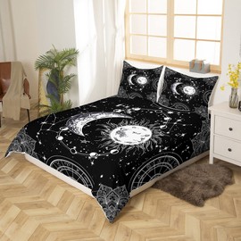 Sun and Moon Bedding Set Constellation Comforter Cover for Kids Boys Girls Teens Psychedelic Boho Mandala Duvet Cover Celestial Galaxy Bedspread Cover Black White Room Decor Quilt Cover Twin Size
