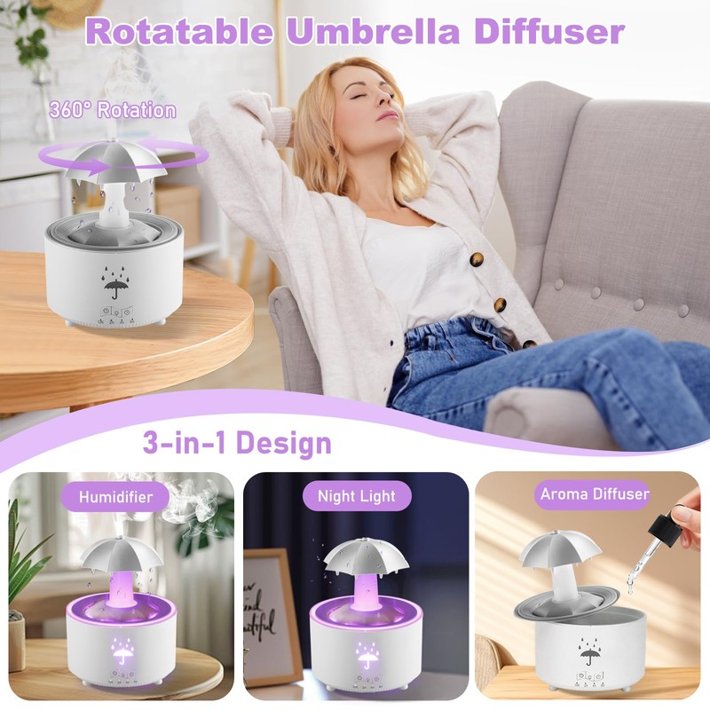 Humidifier for Bedroom, 7-Color Rotating Umbrella Diffuser with Rain Drop