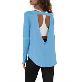 Tankaneo Womens Open Back Workout Shirts Casual Long Sleeve Boat Neck Tops Athletic Gym Yoga Tees with Thumb Holes Light Blue