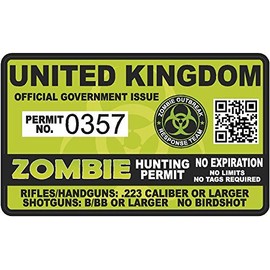 United Kingdom UK Zombie Hunting Permit - Hunter Response Team Unit 4" Outbreak Sticker