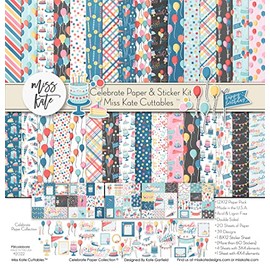Paper & Sticker Kit - Celebrate - for Birthday - 20 Double-Sided 12x12 Papers with 39 Designs & 1 8X12 Sticker Sheet - Scrapbooking Card Making Crafting - by Miss Kate Cuttables