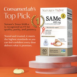 Nature's Trove SAM-e 400mg 60 Enteric Coated Caplets. Vegan, Kosher, Non-GMO Project Verified, Soy Free, Gluten Free - Cold Form Blister Packed.