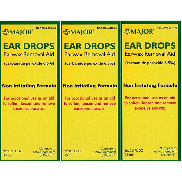 Ear Drops Earwax Removal Aid Carbamide Peroxide 6.5% Generic for Debrox - 0.5 oz. (15 ml) Per Bottle Pack of 3 Total 1.5 oz.