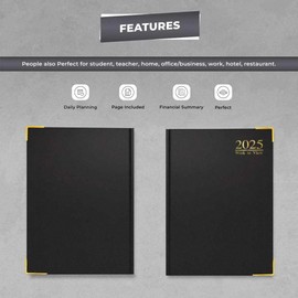 2025 Black A5 Week to View Diary Hard Backed With Padded Gilt-Edge Gold Metal Corners Diary A5 Weekly Planner For Home & Office Use - 60 gsm Paper