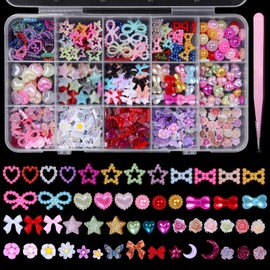 3D Color Nail Charms and Flower Nail Charms, Mixed Styles Assorted Bow Heart Star Acrylic Pearls Nail Charms, Rose Flower Assorted Kawaii Nail Art Charms for Nail Art Manicure DIY