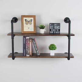 MBQQ Industrial Retro Pipe Shelf 36in 2 Tier Wall Mounted,Rustic Floating Shelves,Farmhouse Kitchen Bar Shelving,Home Decor Book Shelves,DIY Bookshelf Hanging Wall Shelves,Black