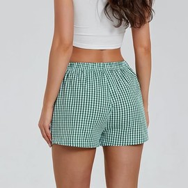 Women's Lounge Shorts Cute Soft Elastic Low Waist Plaid Print Button Front Pajama Bottoms Boxer Shorts Sleepwear Green