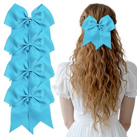 ZESION Large Sky Blue Hair Bows, 4-Pack Grosgrain Ribbon Cheer Bows, Classic Style Hair Accessories