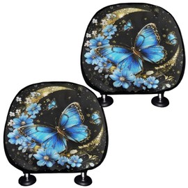 BIGCARJOB Moon Butterfly Car Seat Headrest Cover Set for Girls Women Cute Auto Seat Head Rest Pillow Cover Set 2 Pieces Butterfly Print Vehicles Seat Headrest Protector Covers