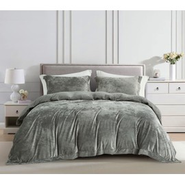 Chezmoi Collection Piers 3-Piece Medium Gray Distressed Velvet Duvet Cover Set King Size with Button Closure and 8 Corner Ties, Soft Washed Microfiber Reverse Comforter Cover