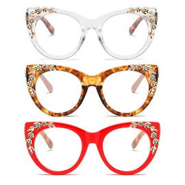 bullabulling 3 Pack Rhinestone Flower Stylish Oversized Cat Eye Reading Glasses for Women Fashion Readers Blue Light Computer Glasses (clear/demi/red, 2.0)