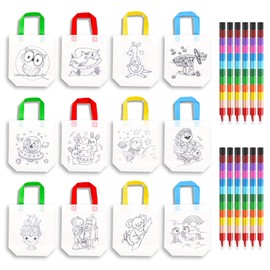 JurciCat Pack of 12 Fabric Bags for Painting for Children and 12 Pieces Stackable Wax Crayons (12 Colours in 1) for Party Bags Children's Birthday Party Favours Craft Set Children's Birthday Party