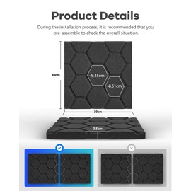 Acoustic Foam Pack of 12 Acoustic Panels Foam Board, Acoustic Panels, Sound Absorber, Sound Insulation, Sound Insulation Mat for Recording Rooms and Offices, 30 x 30 x 2.5 cm, Black