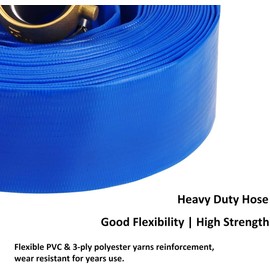 1.5" x 100' Blue PVC Backwash and Discharge Hose for Swimming Pools, Heavy Duty Reinforced Flat Pool Hose with Aluminum Pin Lug Fittings
