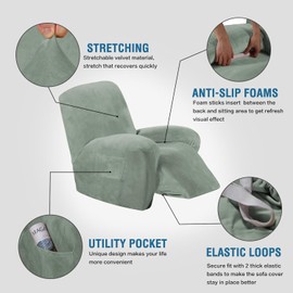 H.VERSAILTEX Recliner Chair Cover Velvet Plush 1-Piece for Large Recliner, Soft Thick Luxury Furniture Protector with Elastic Bottom, Anti-Slip Foams Attached (Recliner, Sea Grass)