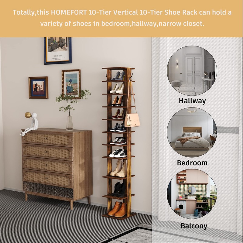 HOMEFORT 10-Tier Vertical Shoe Rack, Corner Shoe Tower, Slim Shoe