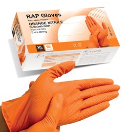 RAP Nitrile Work Gloves (50 Pack) – Heavy duty, diamond grip, latex-free, powder-free, non-slip, extra thick – Ideal for mechanics, workshop, and automotive use. (Orange, Large)