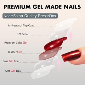 SXVME Uñas postizas Cat Eye cuadradas y largas - Uñas postizas con pegamento para mujer, color rojo oscuro cromado, con brillo, gel brillante, reutili