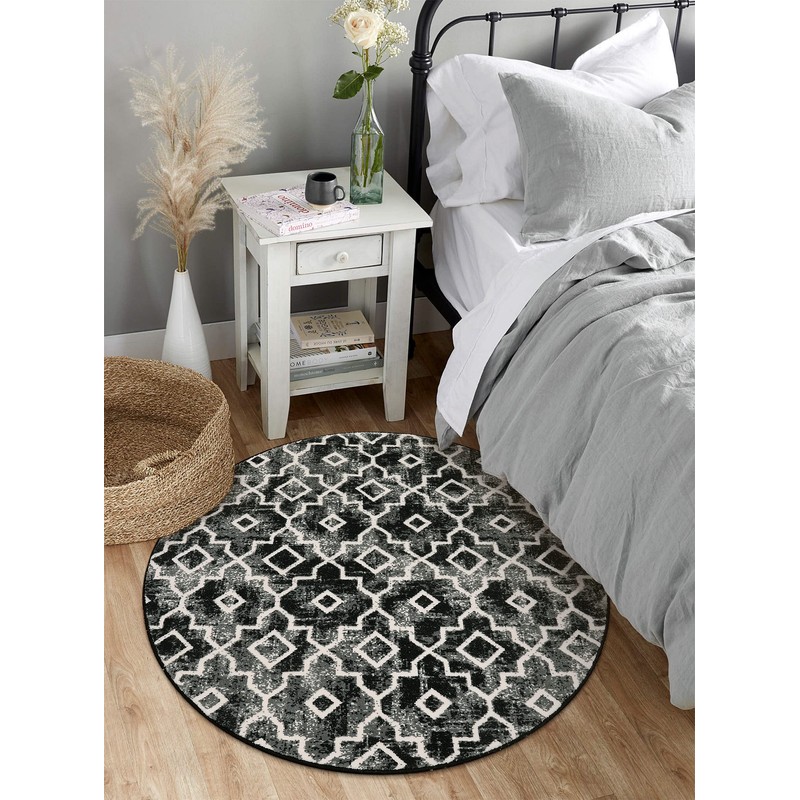 Wonnitar Moroccan Round Rug 3ft Washable Black Small Circle Bathroom