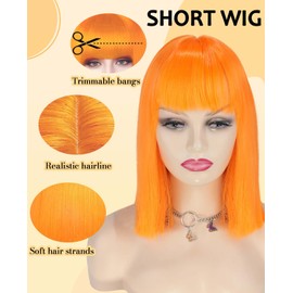 MeaYOO Ginger Wig with Bangs for Women, 12 Inch Orange Bob Wig, Short Wigs Natural Looking Straight Synthetic Heat Resistant Fiber Wigs for Girls Daily Party Use, Ginger Colorful Cosplay Bob Wigs