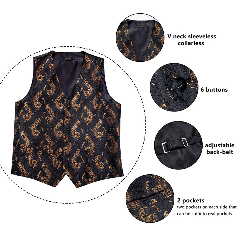 DiBanGu Black Gold Vest and Tie Set for Men Suit