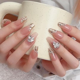 Pure Handmade Nails Press on Nail Reusable Fake Nails GoldRhinestones Bling Bling Medium Stick on Nails French Tip False Nails 10pcs (L, Q295)