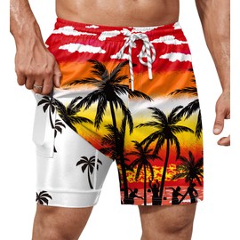 ERECT PEAK Men Summer Trunk Sunset Palm Tree Short Compression Liner Beach Hawaiian Graphic Swim Trunk Red S