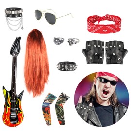 Pack of 12 Rocker Costume Men's Rock Star Costume Children Includes 1 Wig 1 Glasses 2 Sleeves 2 Rings 2 Bracelets 2 Gloves 1 Inflatable Guitar 1 Headband Disco Rock Star Fancy Dress Children Boys